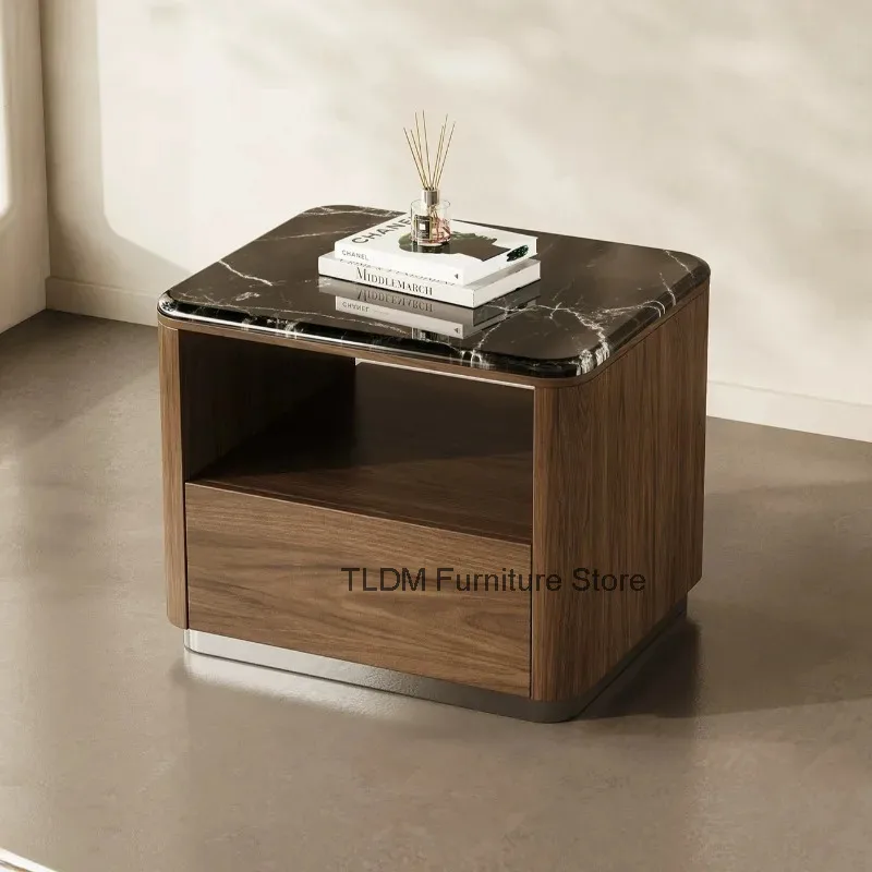 Microcrystalline Stone Top Solid Wood Nightstand Single Drawer Open Storage Side Cabinet For Bedroom Sofa Decor