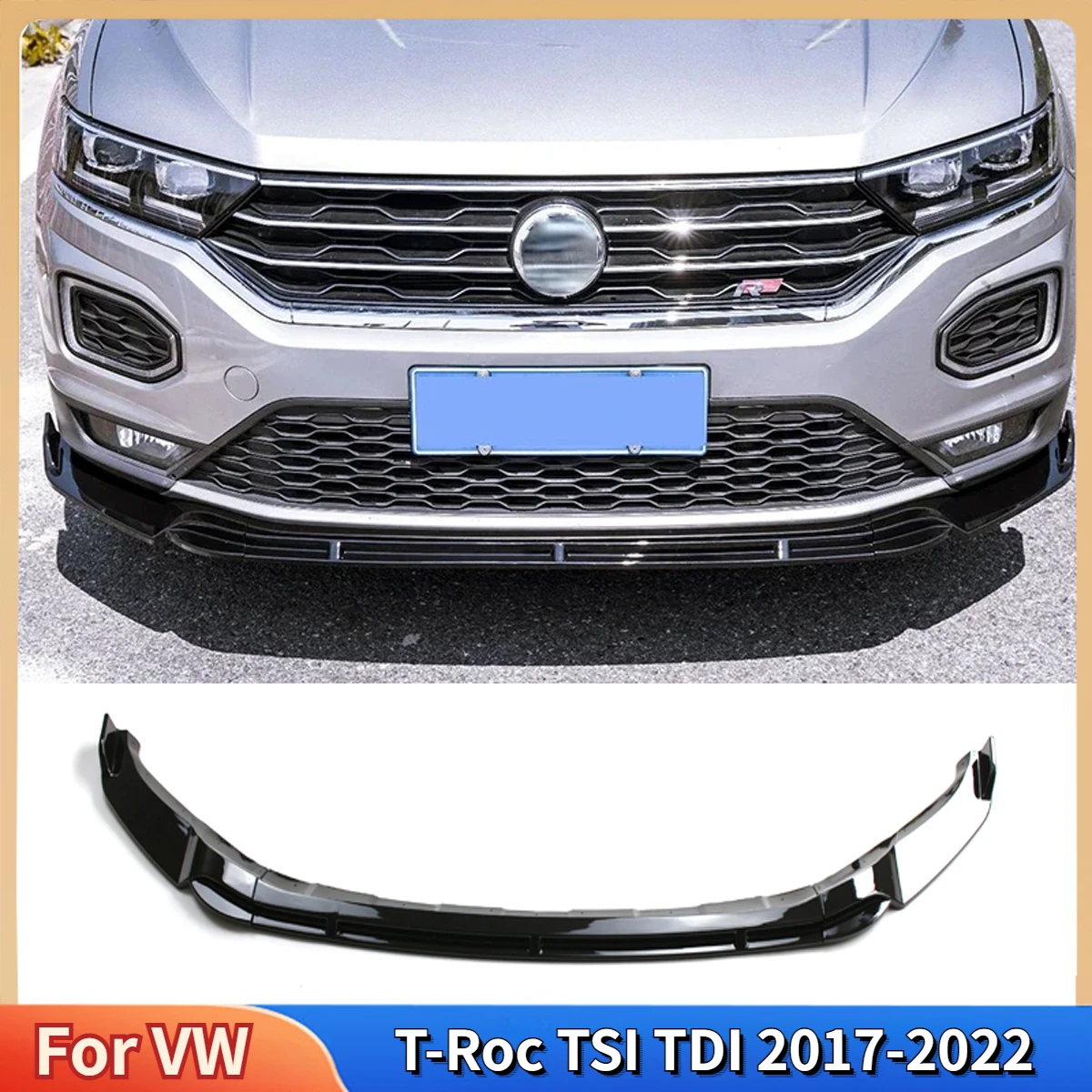 For VW T-Roc TSI TDI 2017-2022 High Quality ABS Car Front Bumper Lip Spoiler Glossy Black Carbon Fiber Look Body Kit Accessories