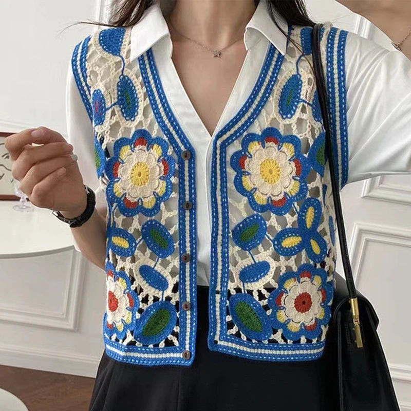Gilet floreale con scollo a v senza maniche in Cardigan lavorato a maglia all\'uncinetto stile francese da donna