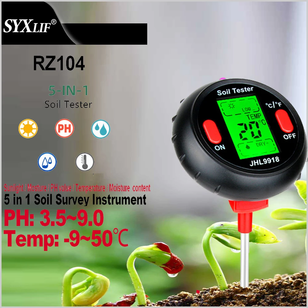 SYXLIF 5 in 1 Soil PH Tester Humidity Moisture Sunlight Temp Digital Soil Meter for Plants Flowers Garden Tool Soil Detector