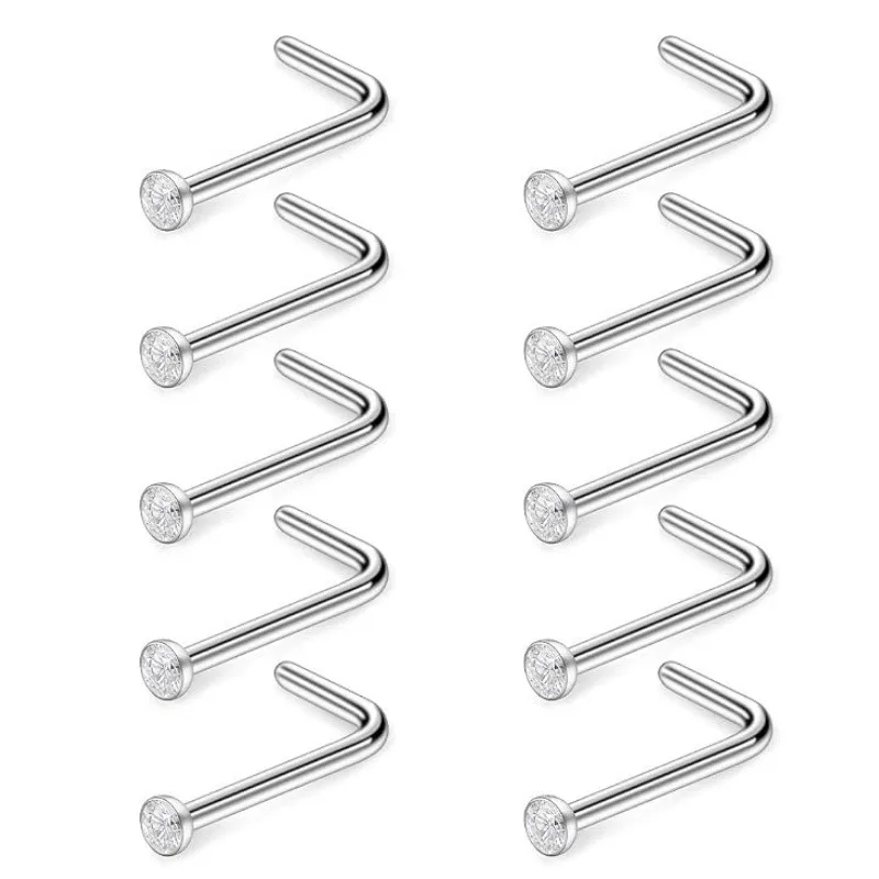 10PCS 20G 2mm Jeweled Diamond CZ Nose L Shaped Studs Rings Piercing Jewelry Corkscrew Nostril Piercing Nose Studs
