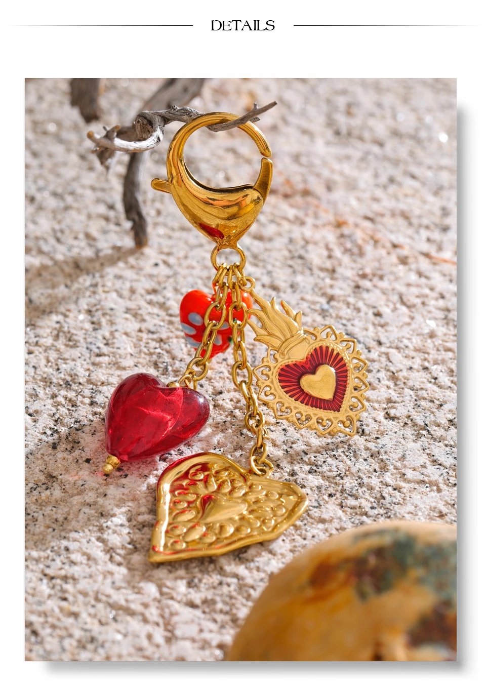 Yhpup Süßer Romantischer Roter Keramik-Glas-Herzanhänger Schlüsselanhänger 18K Vergoldeter Edelstahl Sommer-Rucksack Exklusiver Schlüsselring – Detail 9