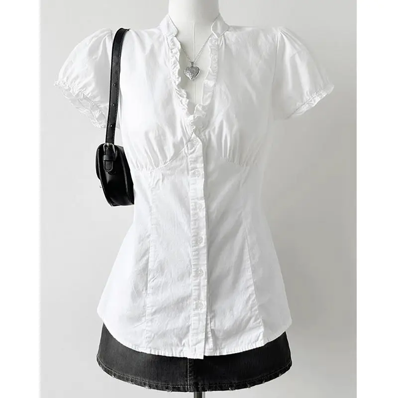 

2025 Women Ruffle Blouse White V Neck Top Summer Artistic Minimalist Shirt Japanese Inspired Elegant Small Top Unique Design