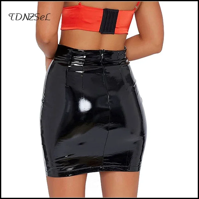 Women High Waist Faux Leather Mini Pencil Skirt Ladies Sexy Shiny PU Stretch Bodycon Short Skirts Nightclub Party Summer Custom