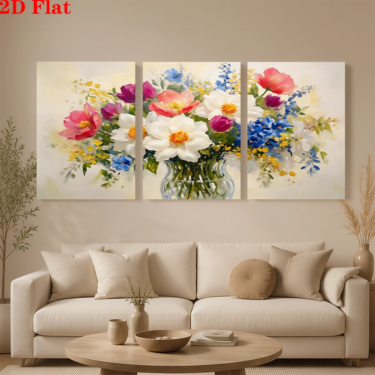 Frameless 2D 3pcs Canvas Art Wall Hanging- A vibrant flower bouquet in a glass vase. Suitable for Decorating Offices, Dining