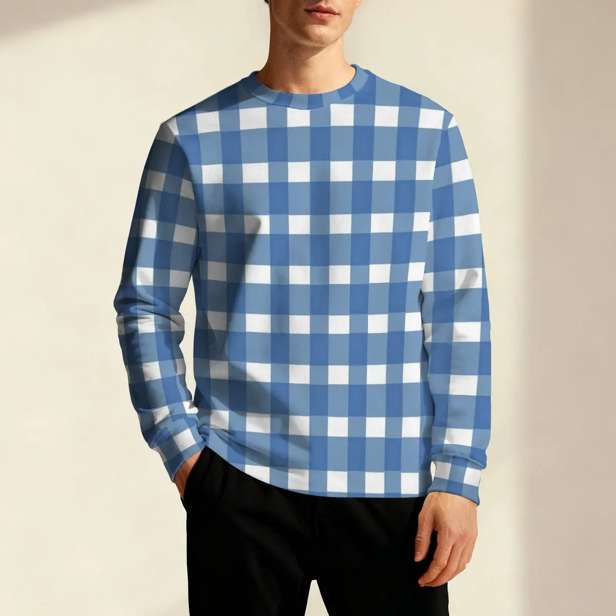 

Мужская толстовка с круглым вырезом с длинными рукавами на весну и осень с синим клетчатым/сетчатым принтом.