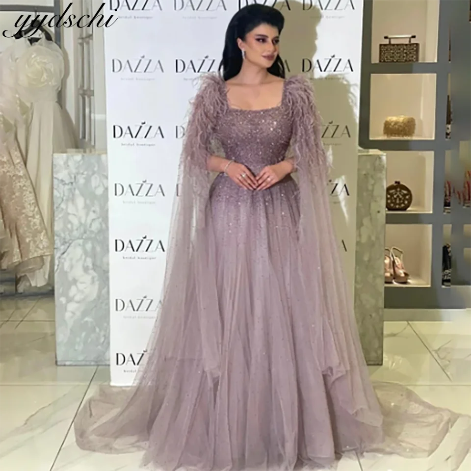 

Charming Dusty Purple Beaded Feathers Boat Neck A Line Wedding Dresses 2024 Backless Sweep Train Tulle Bridal Gowns For Women