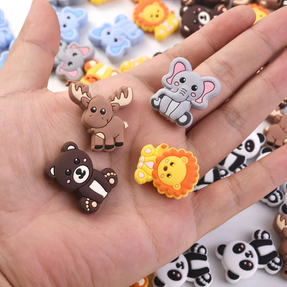 10Pcs Cute Cartoon Animal Silicone Beads Elephants Bears Calves Lions Pandas Diy Material for Making Bracelet Keychain Charms