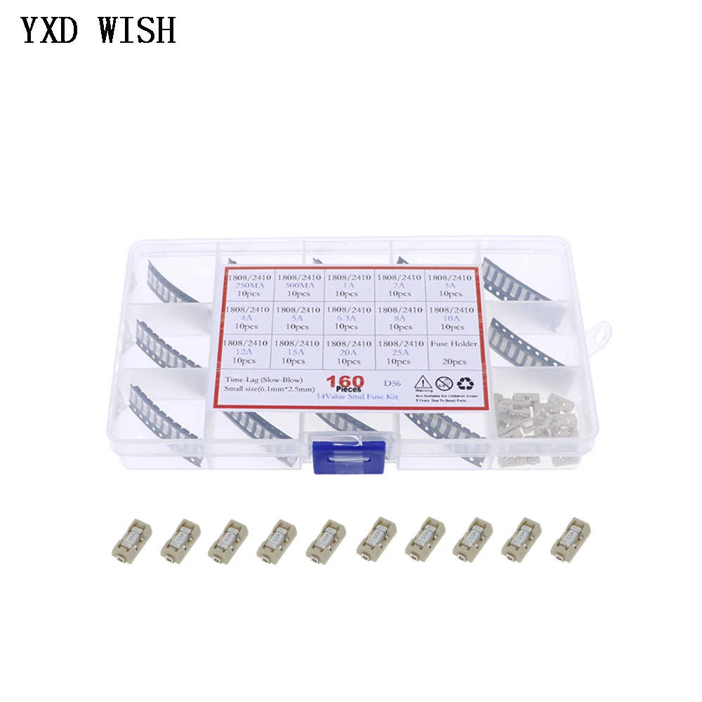 160pcs 15Values Ceramic SMD Slow Blow Fuse Kit 250mA 500mA 1A 2A 3A 4A 5A 6.3A 8A 10A 12A 15A 20A 25A 250V Fuses 1808/2410/6125