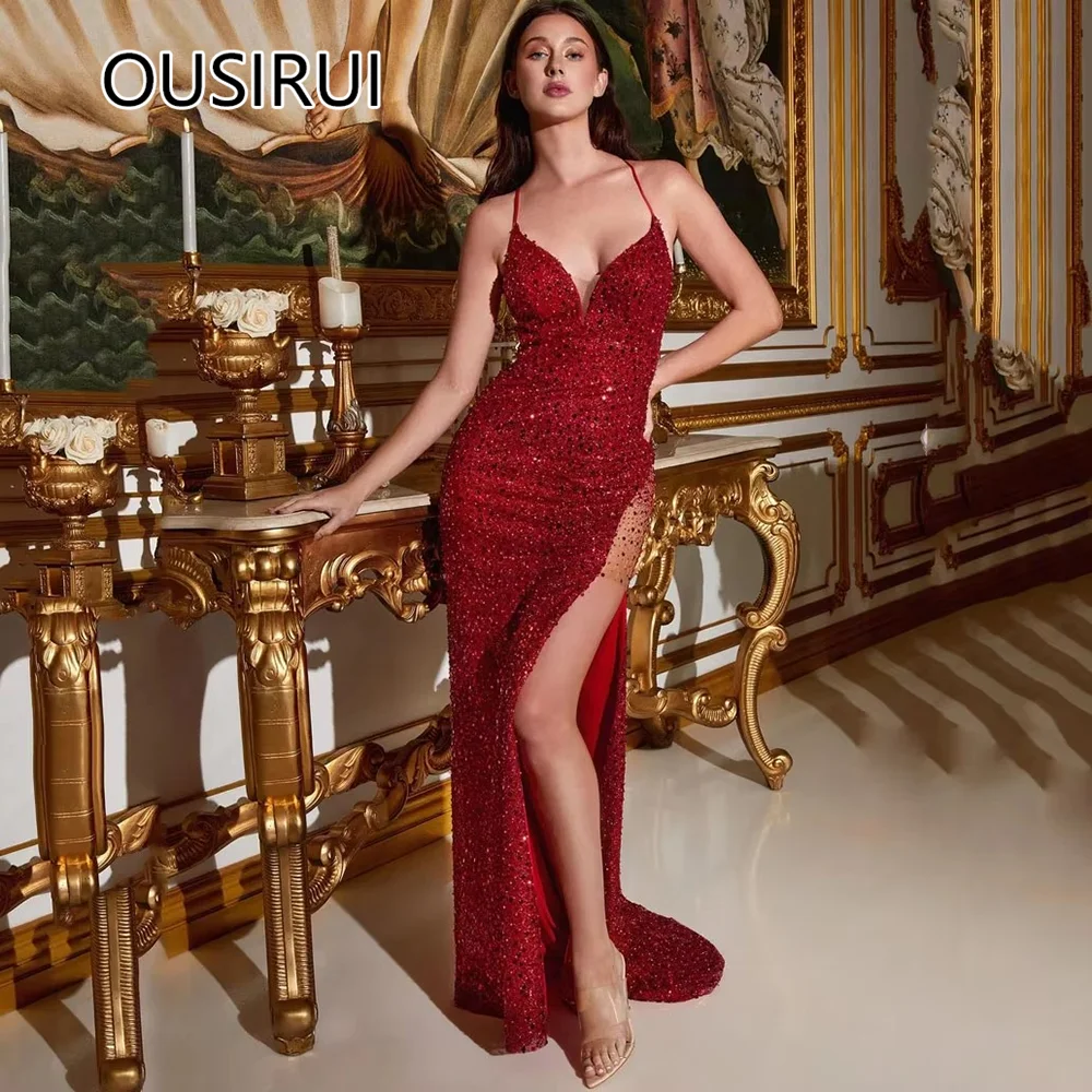 OUSIRUI Spaghetti Straps Shiny Sequins Sexy Mermaid Holiday Prom Party Dress Side High Split Court Backless Prom Gown Custom