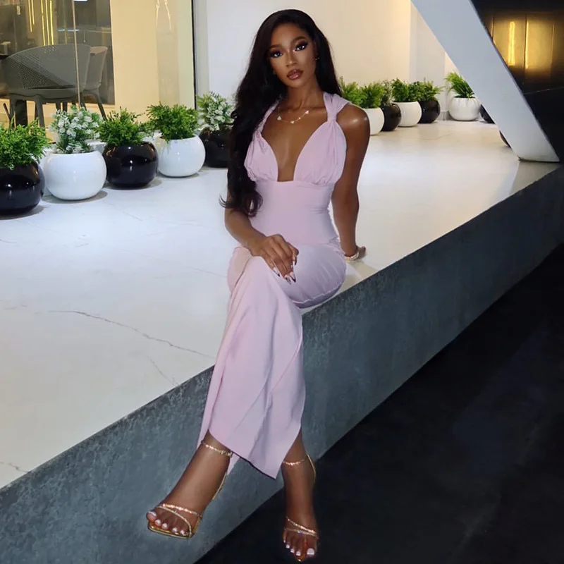 Solid Tie Ruched Bodycon Maxi Party Dress Women Sexy Deep V Neck Sleeveless Backless Slit Fashion Banquet Long Robe Outfits