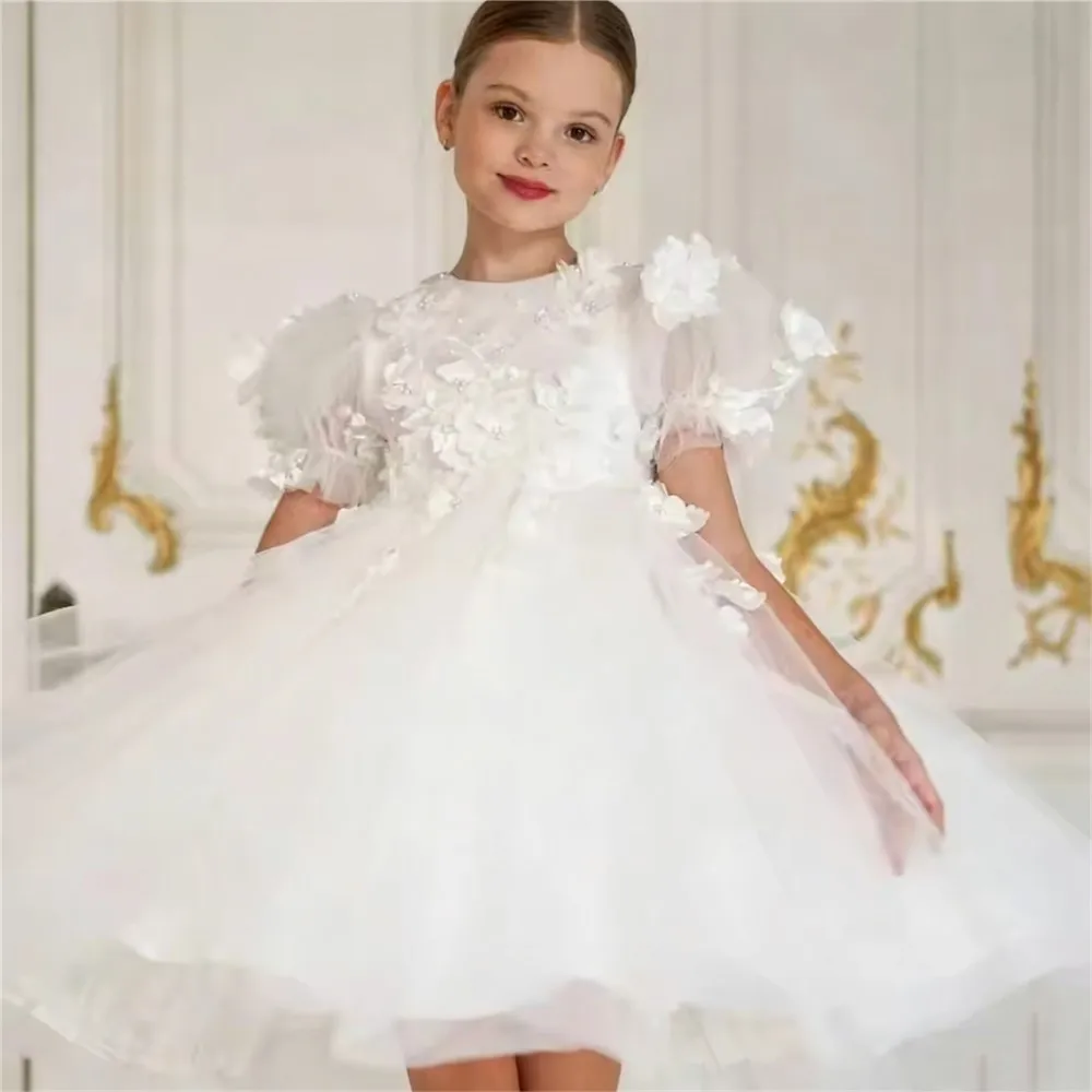 

Customized White Flower Girl Dress For Wedding Appliqued Tulle Knee Length Kids Baby Birthday Party Dress First Communion Gown
