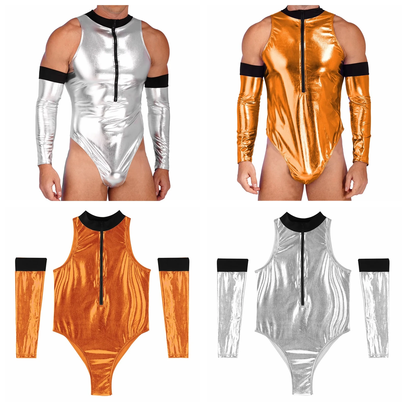 

Men's Alien Role Play Costume Patent Leather Sleeveless Bodysuit Zipper Catsuit with Gloves Robot Fancy Dress Costume Outfits