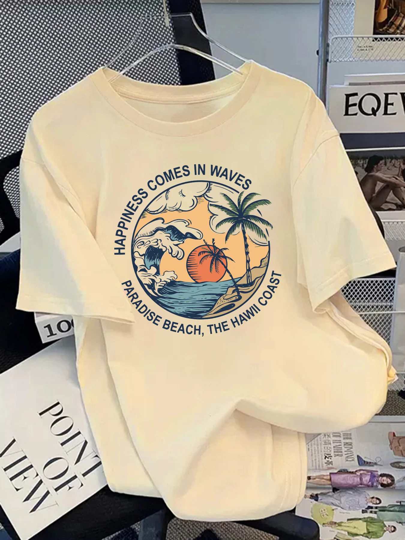

Happiness Comes In Waves Print Basics Tee Shirt Woman Soft Cotton Tee O-Neck Casual Oversize T Shirt Crewneck Sport Short Sleeve