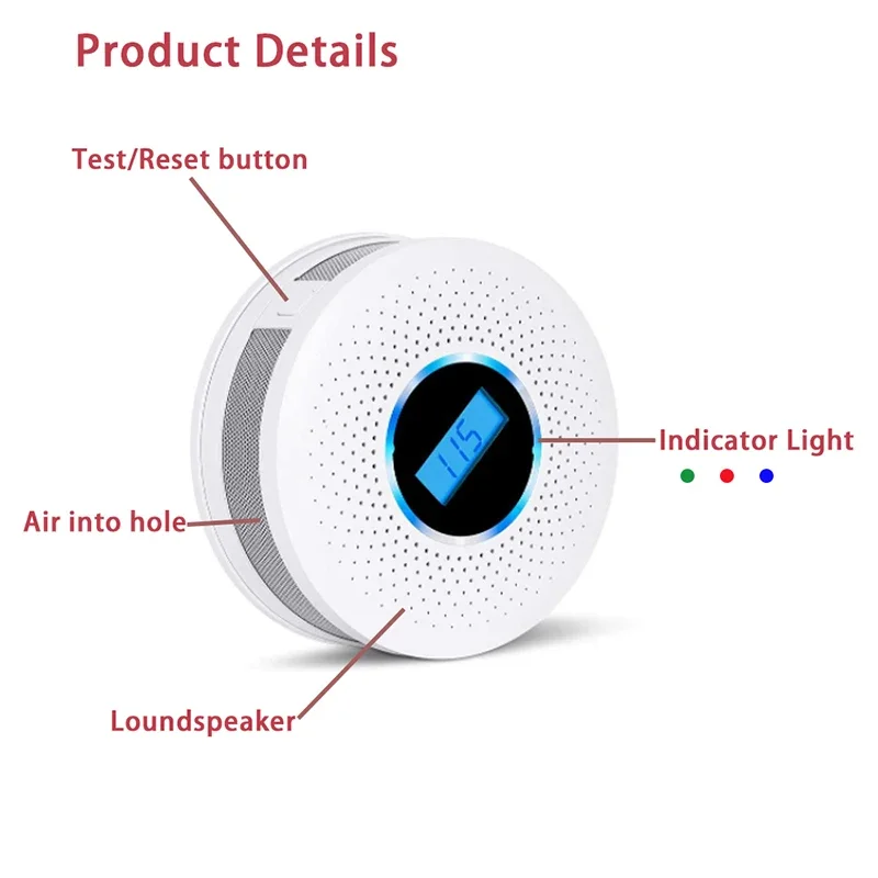 Detector de humo y monóxido de carbono, combinación de alarma de Sensor de CO de humo con indicador LED de 3 colores, alerta de sirena integrada