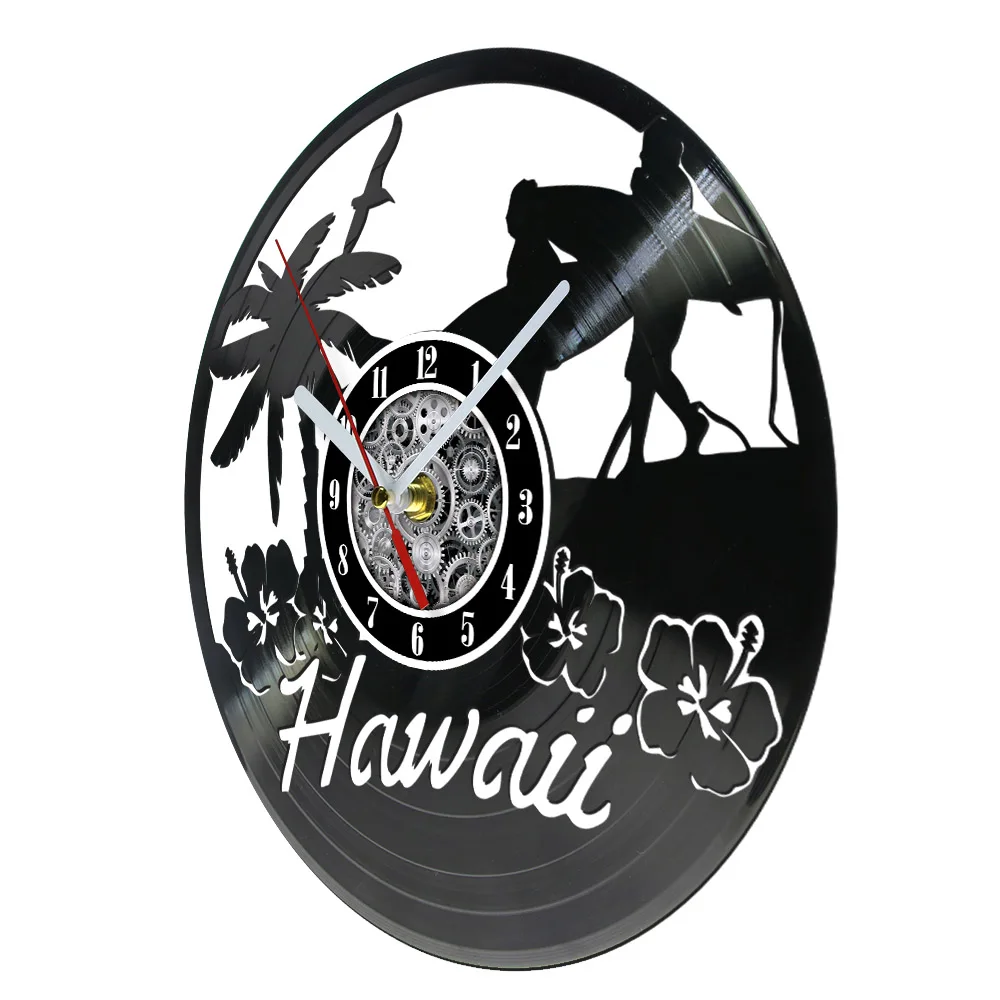 Hawaii Vinyl Record Wall Clock Palm Tree Beach Wall Art Clock Vintage Summer Ornament Hawaiian Luau Party Home Decor Wall Watch