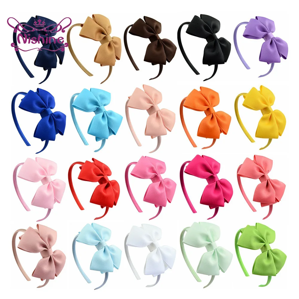 1PCS Double Layer Grosgrain Ribbon Bowknot Toddler Hair Hoop Solid Color Handmade Bows Baby Hairband DIY Clothing Decoration view 2
