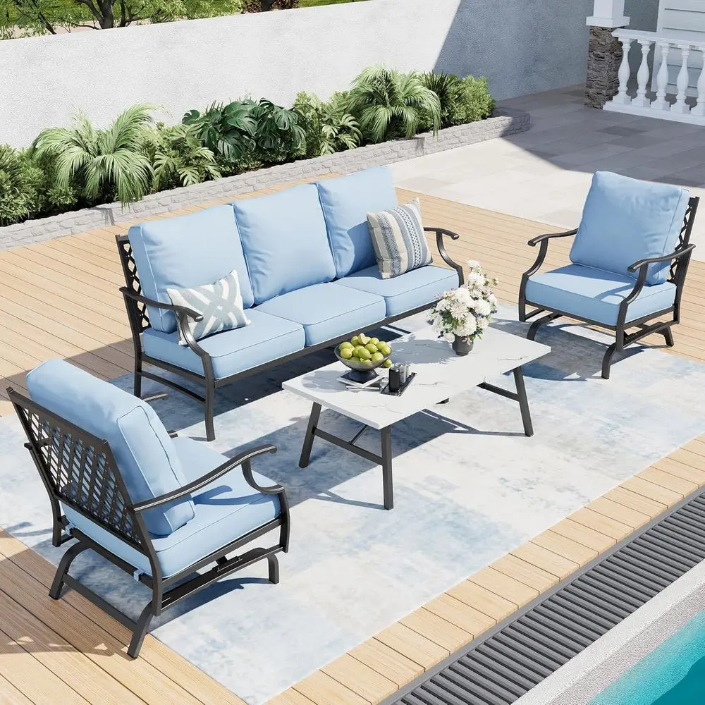 

4-Piece Outdoor Patio Furniture Set with 3-Seater Sofa, 2 Rocking Chairs, and Coffee Table, Blue