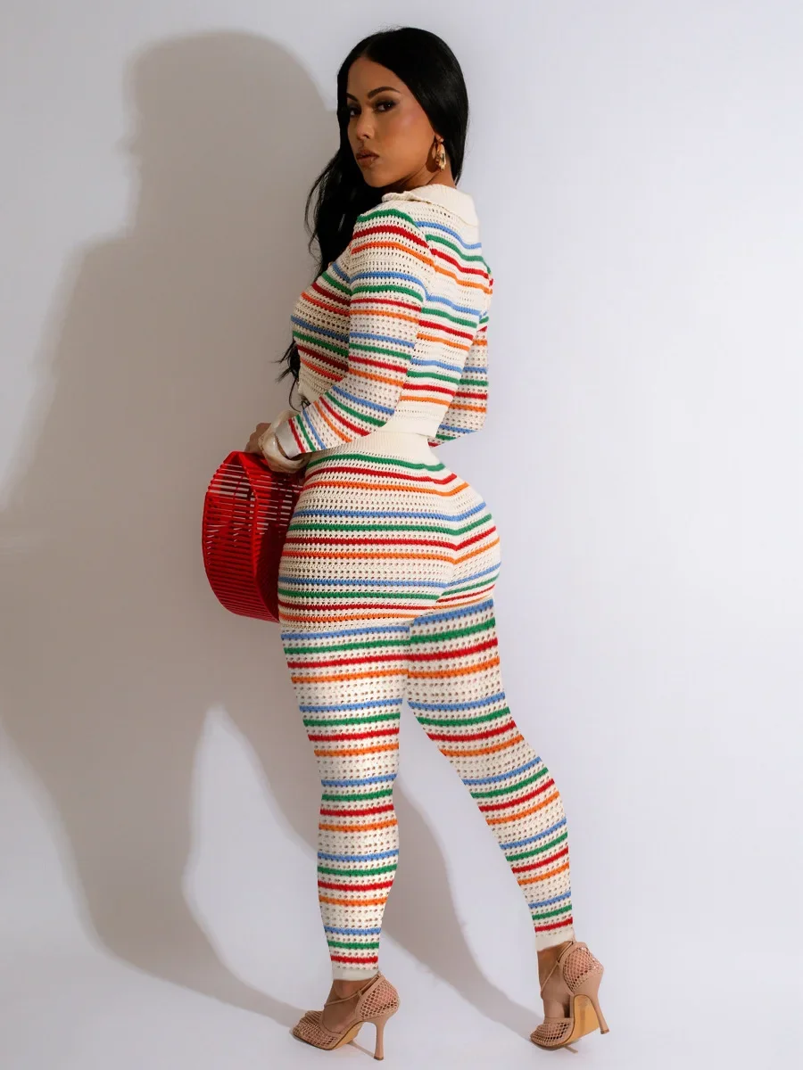 Women's Set Striped Knitted Full Sleeve Button Shirt and Pencil Pant 2024 Summer Two 2Piece Set Outfit Ribbed Tracksuit