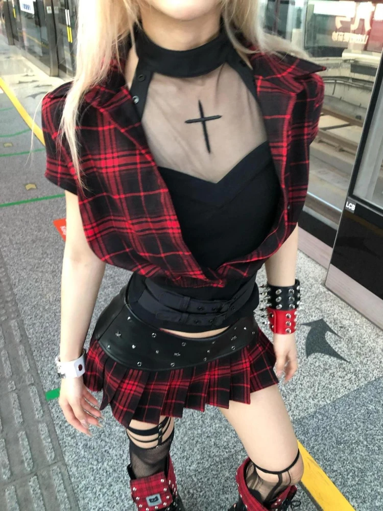 

Gothic Retro Plaid Patchwork 3 Piece Set Women Chic Short Coat + Hang Neck Tops + Pleated Skirt New Subculture Vintage Slim Suit