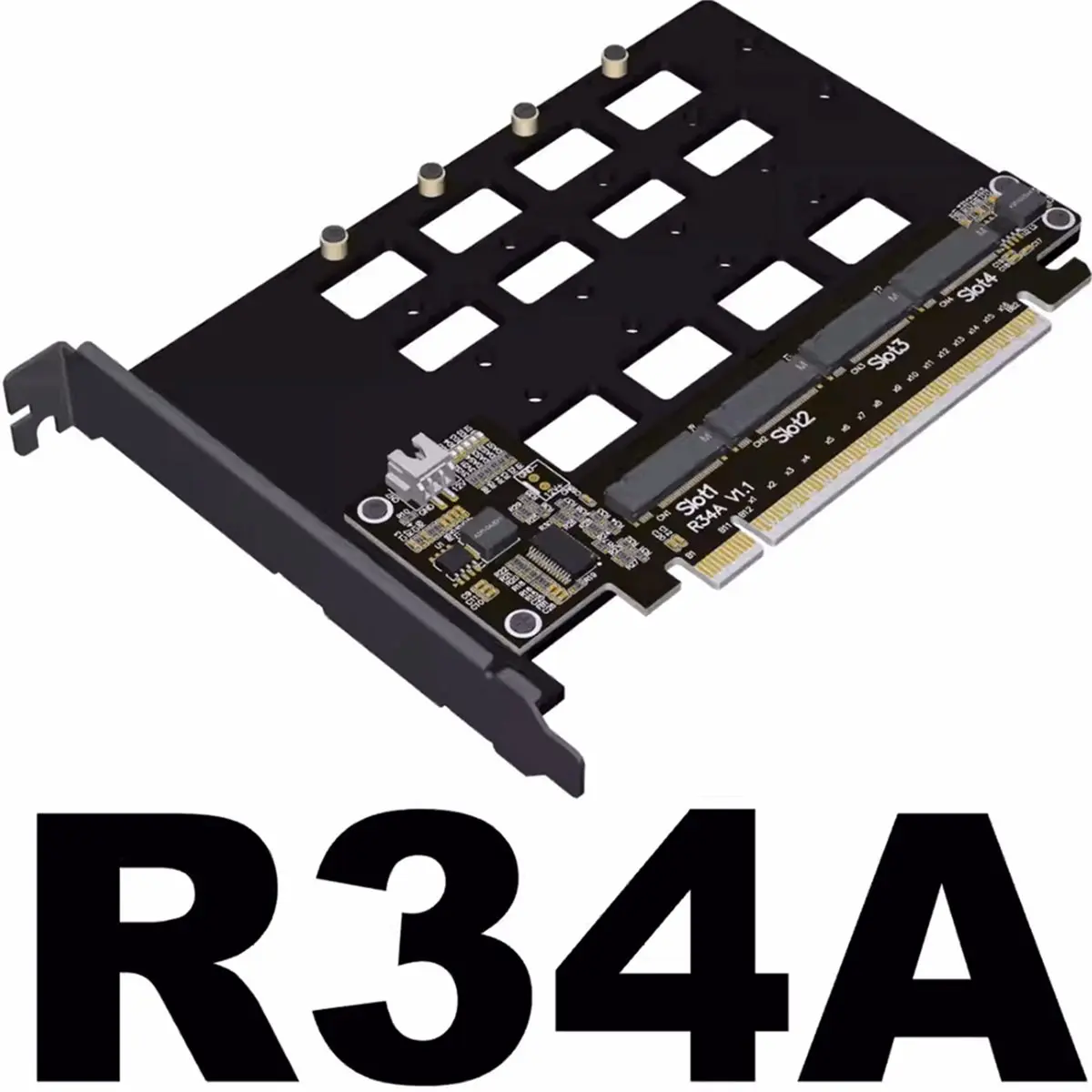 Digital Essentials R34A PCIE 5.0 Gen5 X16 to 4-Port Card M.2 NVMe Hard Drive Split Adapter Expansion Card 128Gbps 4-Disks Split