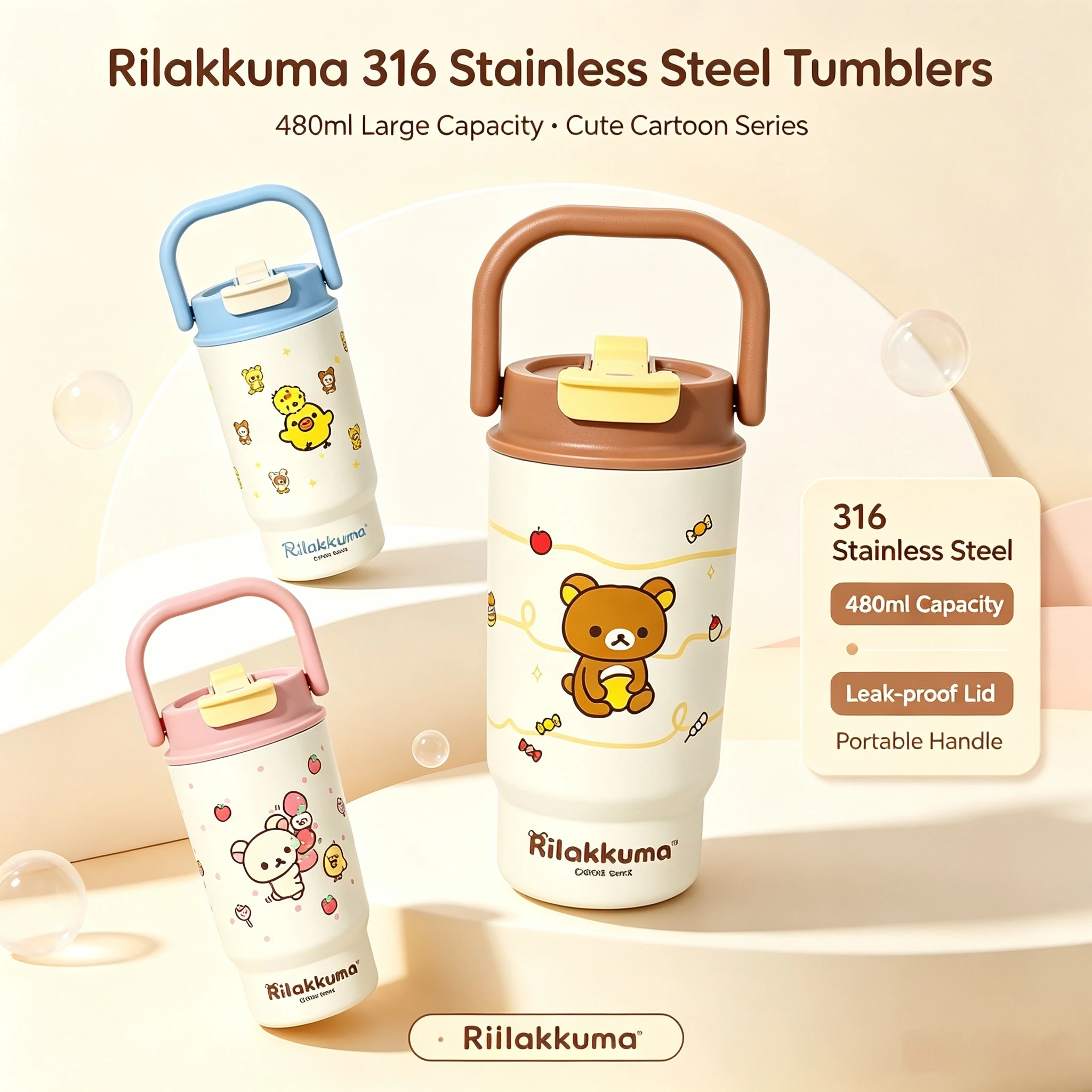 Rilakkuma 316 Stainless Steel Cute Cartoon Large Tumbler Ins Style Car Insulated Water Cup Keep Cold Hot Ice Coffee Mug for Lady