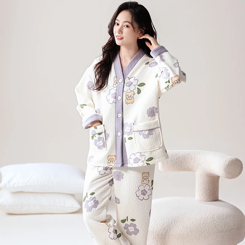 Lovely Cartoon Women's Autumn Winter Pajamas Long-Sleeved Thin Cotton Quilted Warm Sleepwear Home Clothes V-Neck Pijamas Mujer