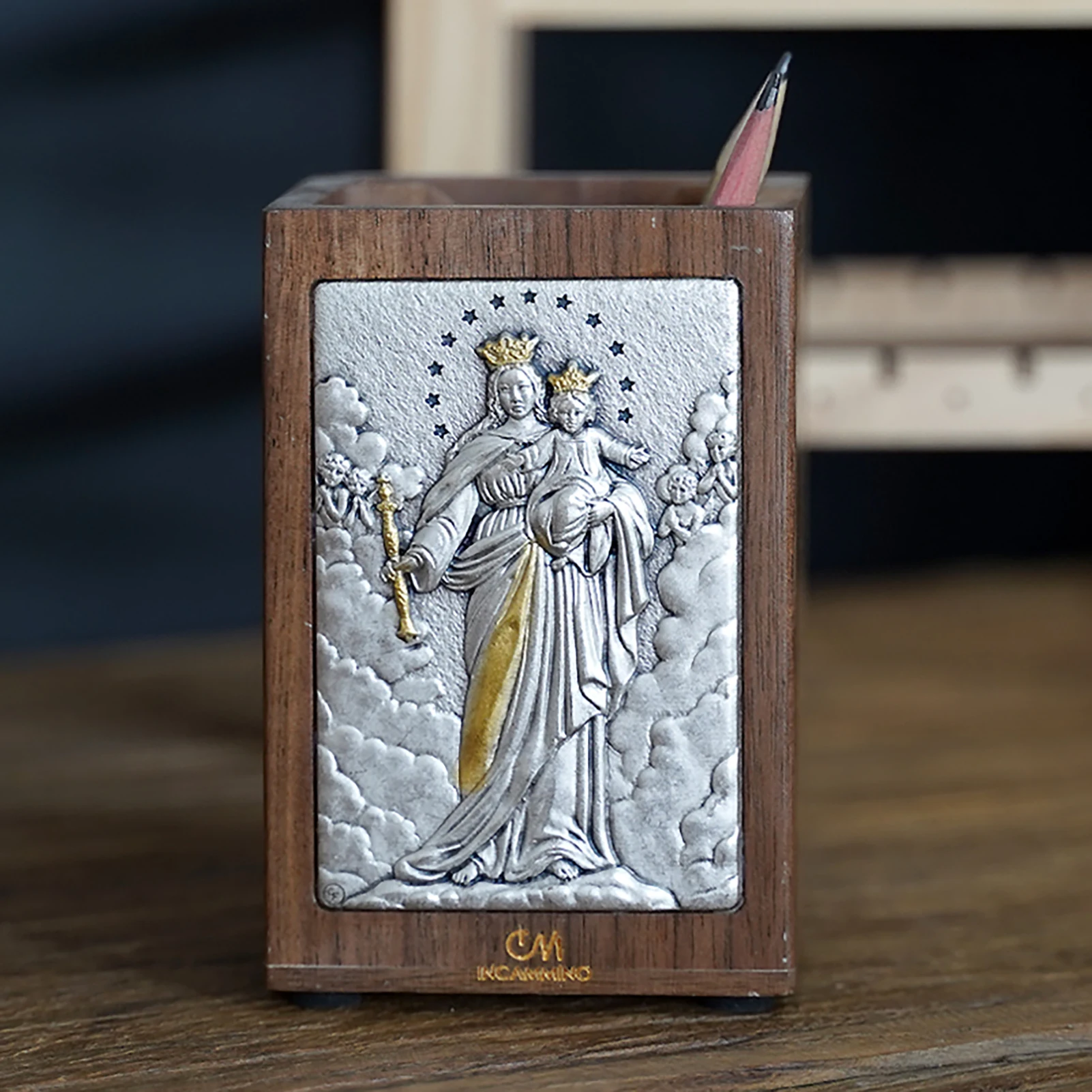 walnut-wood-pen-holder-our-lady-help-of-christians-relief-icon-desktop-organizer-11x75cm-special-commemorative-edition