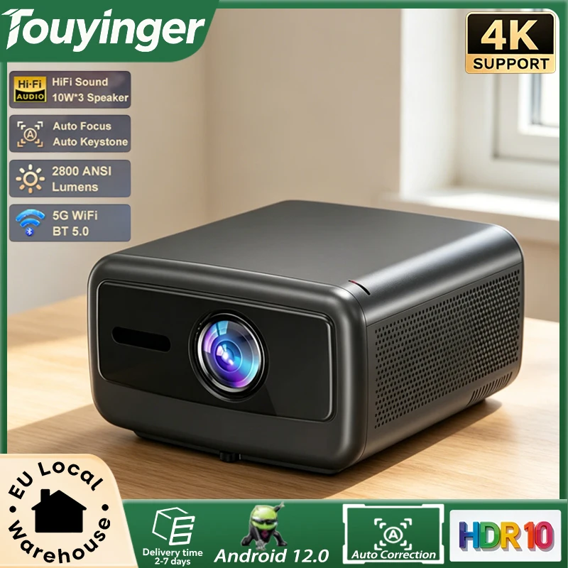 Touyinger Q12W Pro Beamer 2800ANSI 3G+128G Full HD Unterstützt 4K HDR10 Android 12 Tragbarer Projektor mit Autofokus für Heimkino und Outdoor, Versiegelte Optik