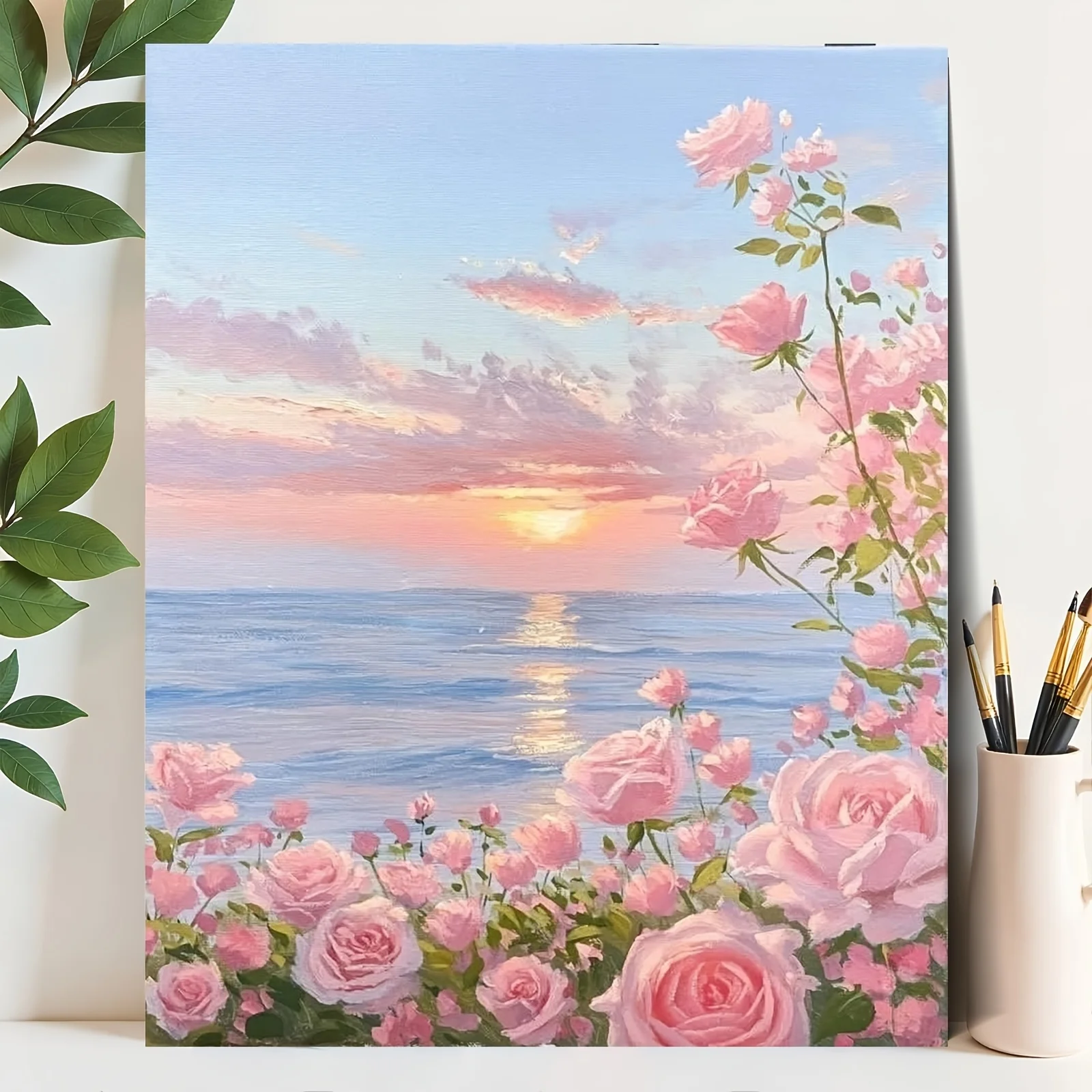 [ Flat Frameless][Professional Art Use] 1pc Digital Oil Painting Kit, Beginner-Level Starter Kit, Seaside Pink Rose Landsca