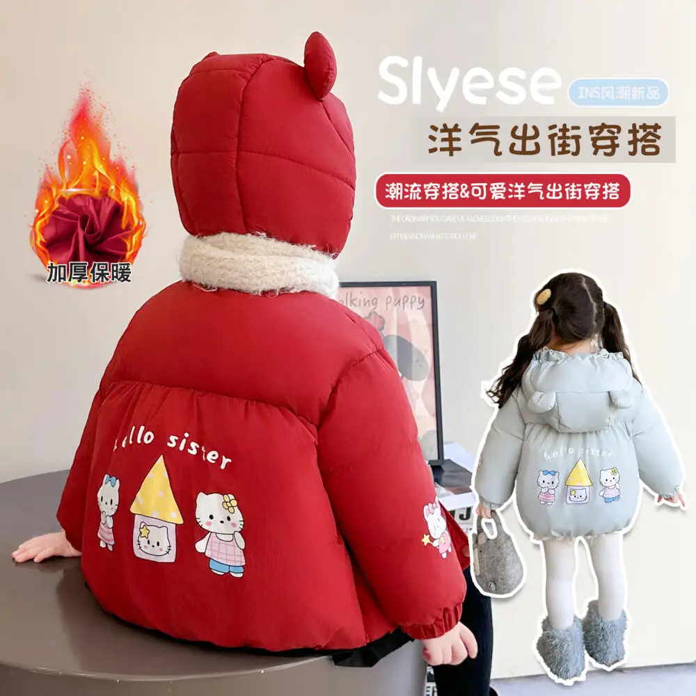 

Sanrio Hello Kitty, хлопковая одежда для девочек, детское повседневное утолщенное теплое пальто с капюшоном, детское зимнее хлопковое пальто, одежда для девочек