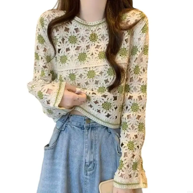 573B Women's Knit Crochet Cardigan Long Sleeve Floral Embroidery Hollow Out Knitwear Spring Fall Round Neck Tops for Daily