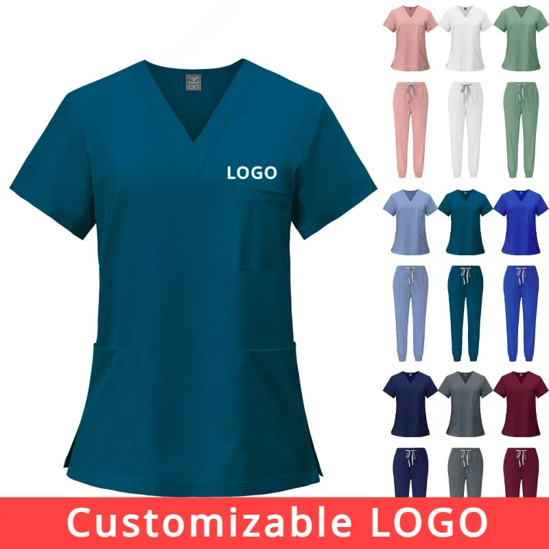 Customizable LOGO Scrubs Set Medical Uniforms Stretch Scrub Tops Pants Nurse Uniform Doctor Surgery Overalls Beauty Workwear