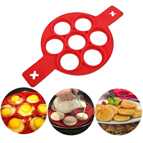 7-Cavity Non-Stick Silicone Pancake Mold with Round Pancake,Puff Shapes,Easy Clean Batter Dispensing Bakpan,Mini Pancake Maker