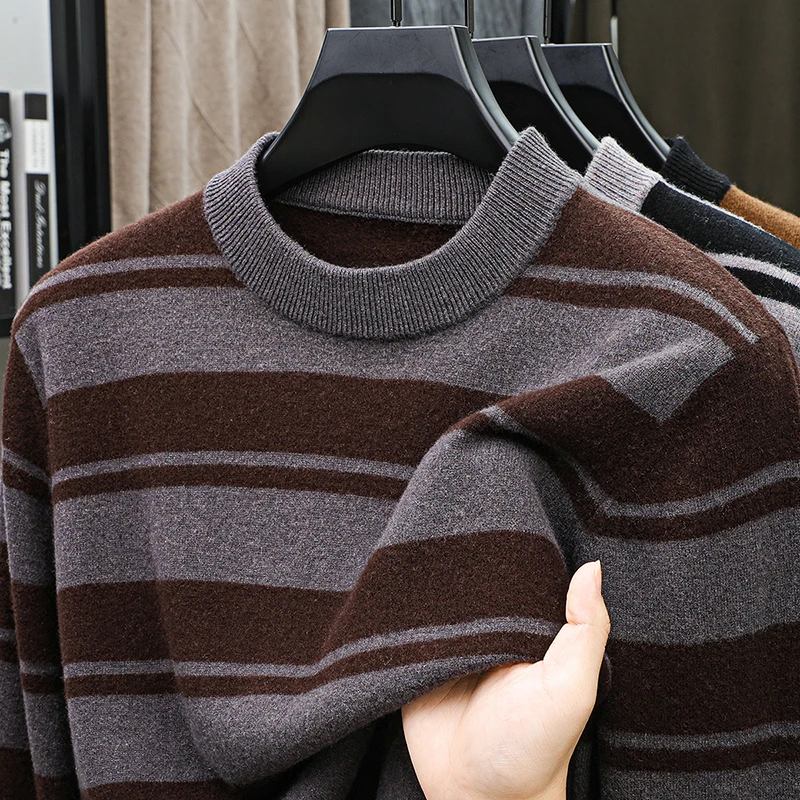 Wool100% Men's Autumn Winter Sweater Round Neck Stripe 12 Stitches Keep Warm Long Sleeves Sweater Fashion Versatile Man Clothes