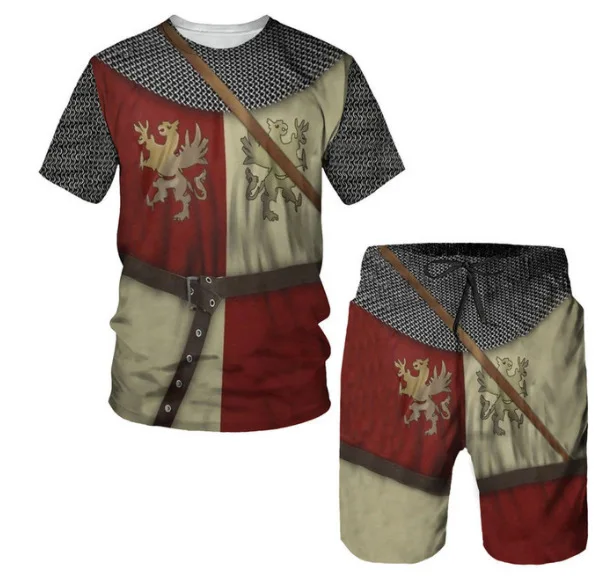 2024 New Heraldic Lion T Shirts+Shorts 2PCS Outfits 3D Printed Men\'s Shorts Sets Fashion Oversized Knight Armor Cosplay Clothing