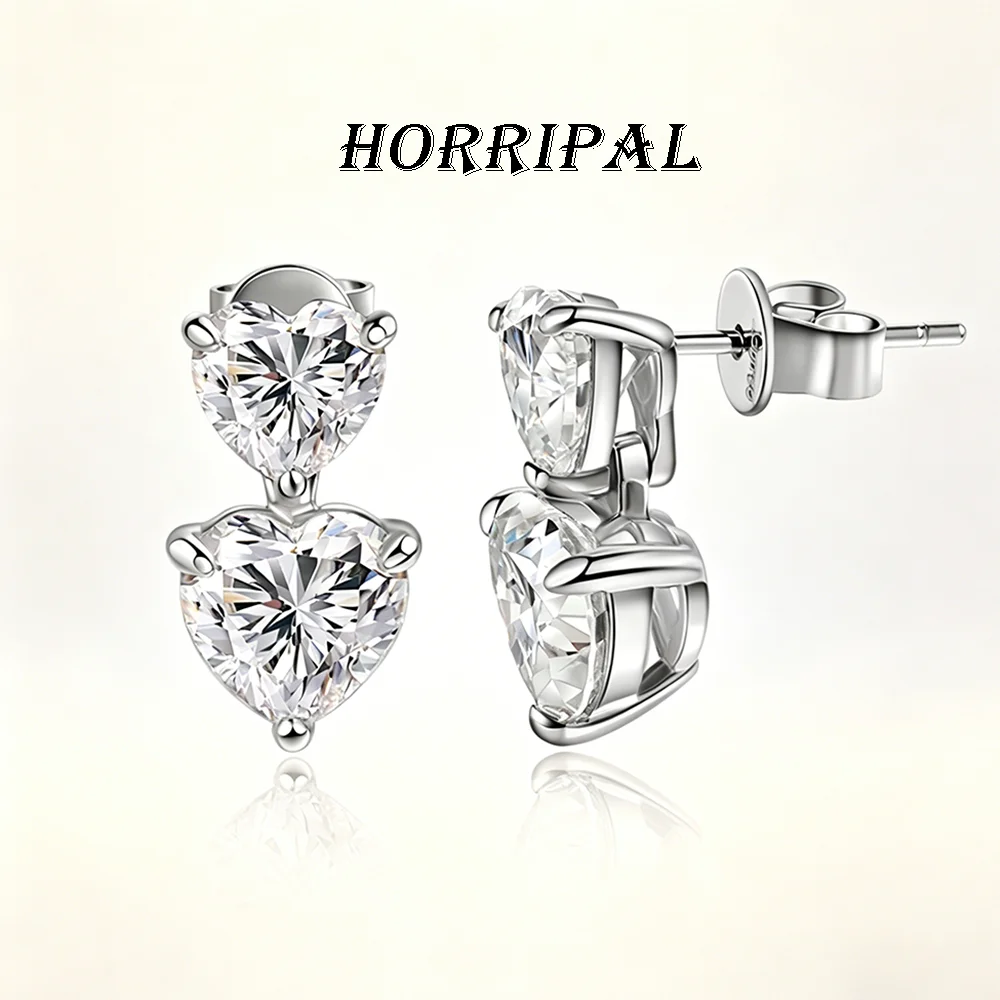 HORRIPAL New 2 Stones Heart Moissanite Drop Earring for Women GRA S925 Sterling Silver High Quality Anniversary Fashion Jewelry