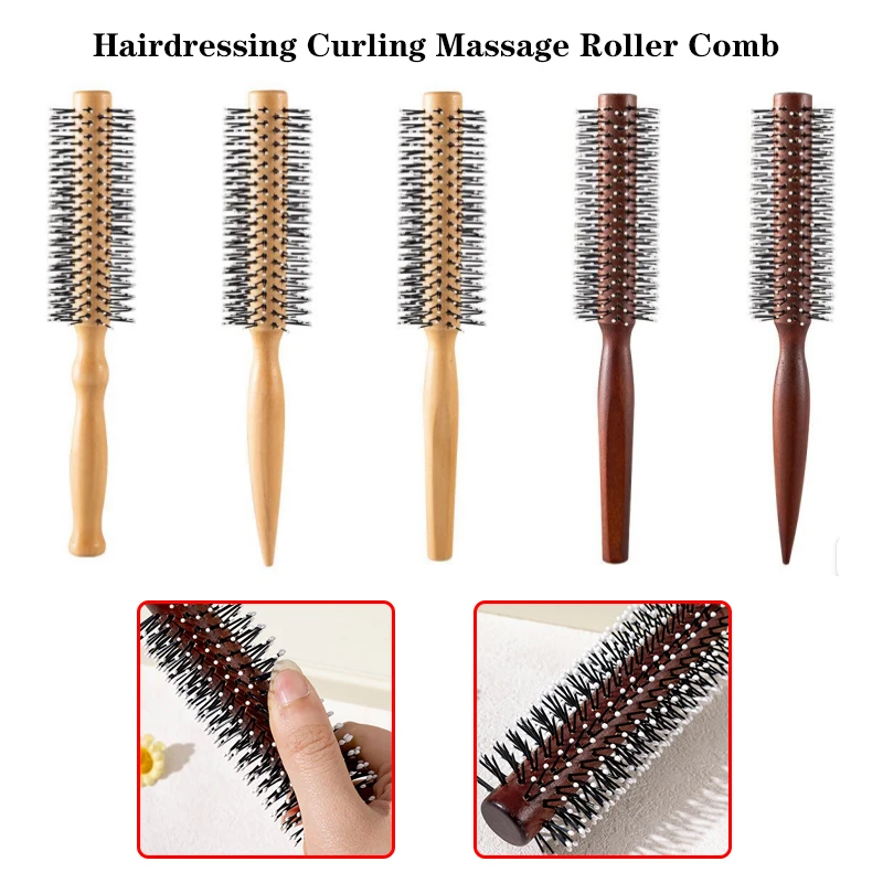 Round Hairdressing Curling Massage Roller Comb Anti-Static Wooden Handle Salon Styling Drying Tool For Real Hair Wigs Barber