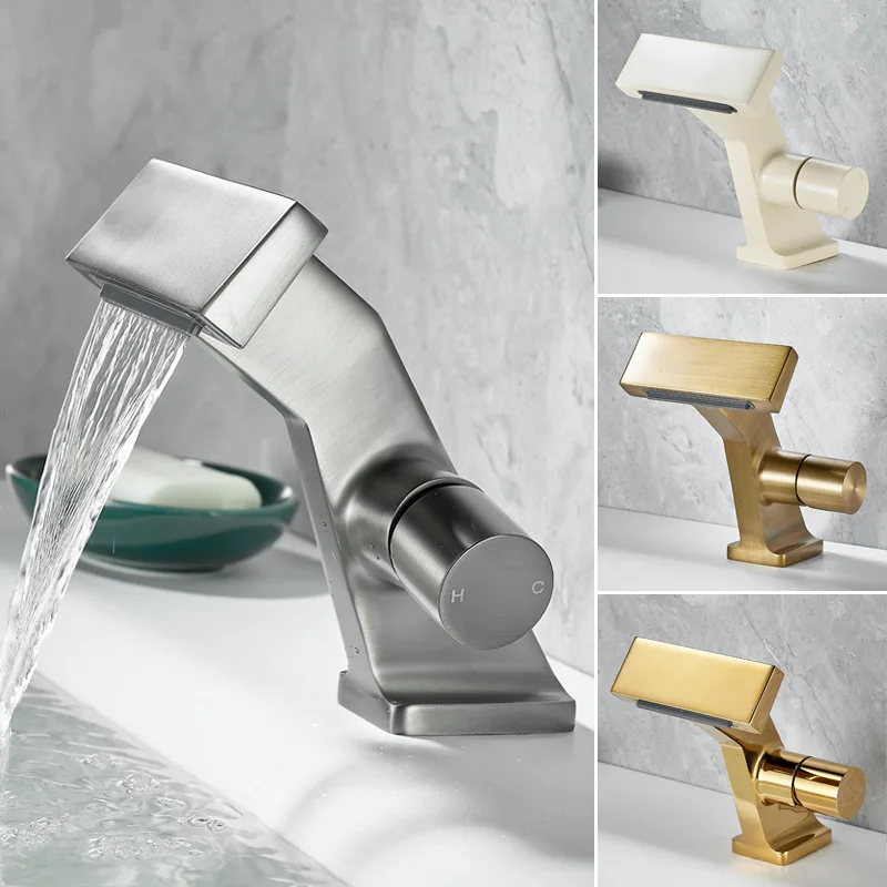 

Gun Grey Brass Waterfall Bathroom Faucet with Single Handle Chrome Black Finish Hot Cold Crane Sink Mixer Tap