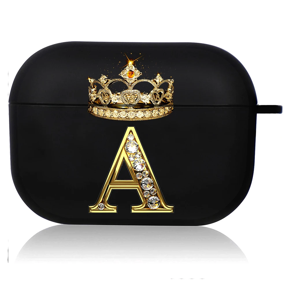 Diamond Crown Letter Airpods Case for AirPods Pro2 3 2 1 Pro Black Wireless Bluetooth Earphone Box Cute A-z Cover