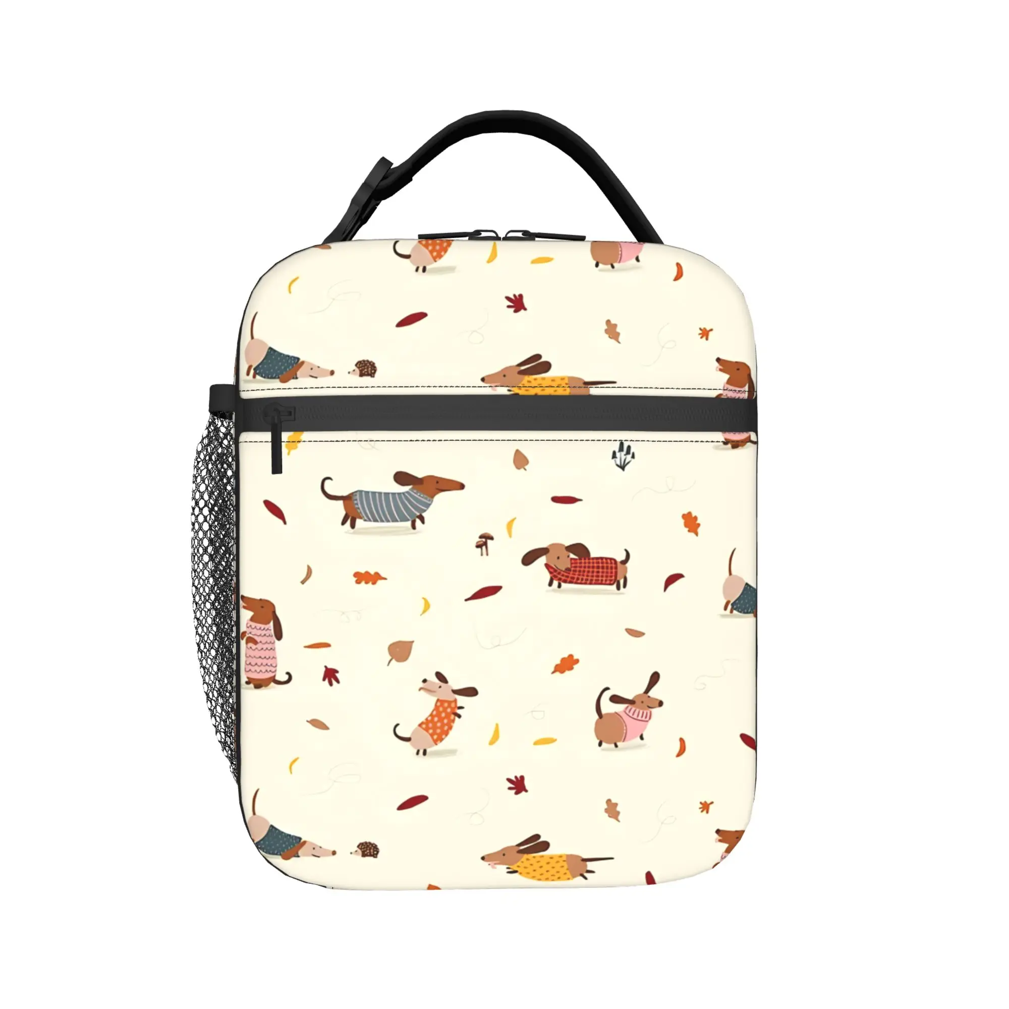 Cute Dachshund in Winter Sweaters with Autumn Leaves Lunch Bag For Child Designer Office Lunch Box Vintage Oxford Cooler Bag