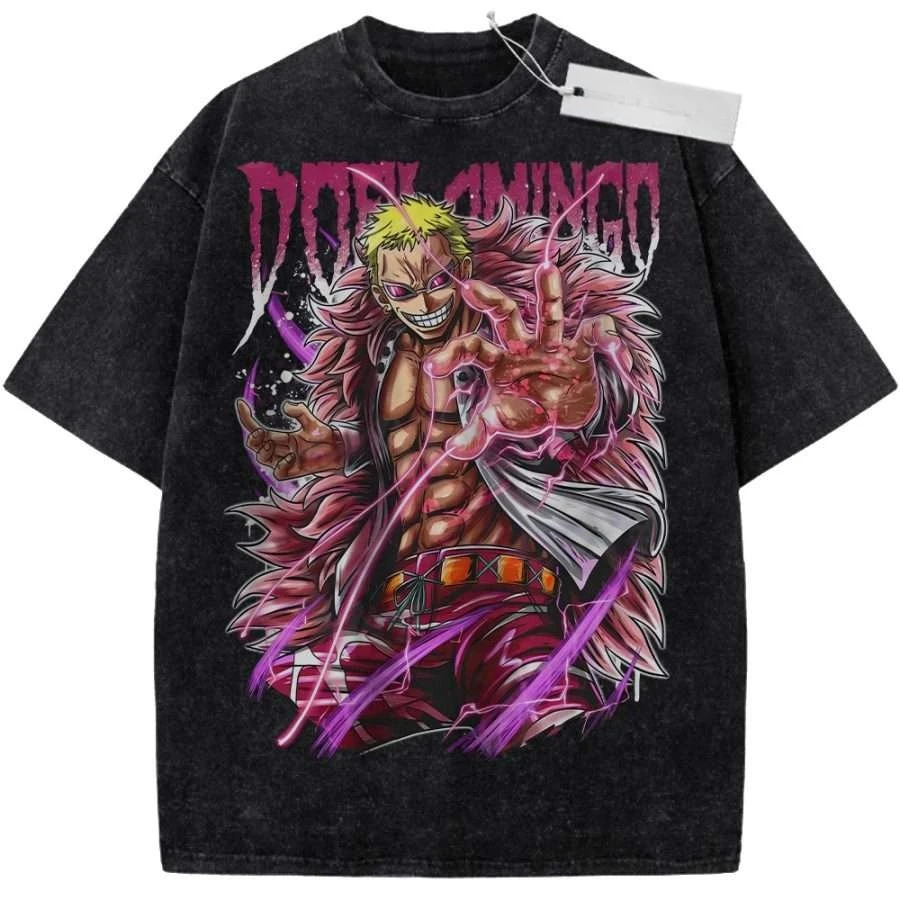 Unisex Schwarzes Vintage T-Shirt One Piece Donquixote Doflamingo Hochwertige Stoffqualität für Fitness Freizeit Shopping