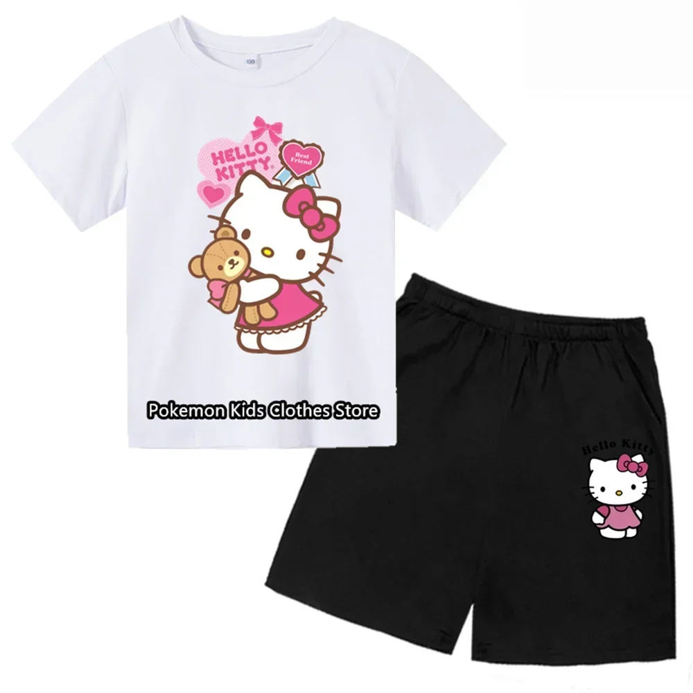 Kids Clothes Set Baby Pokemon T-Shirt+Shorts Summer Clothing Stitch Cartoon Boys Tracksuit Children Girl Hello Kitty Clothes Set