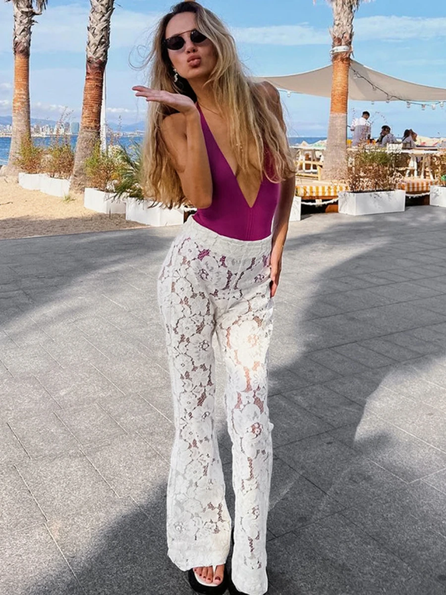 

Bornladies Sexy Perspective White Flare Pants Summer Women Vacation High Waist Long Trousers Lace Beach Style Female Pants 2024