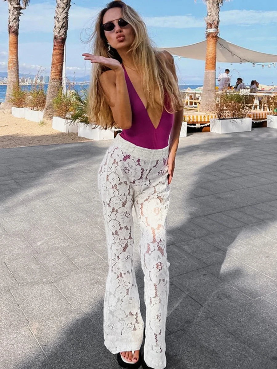 Bornladies Sexy Perspective White Flare Pants Summer Women Vacation High Waist Long Trousers Lace Beach Style Female Pants 2024