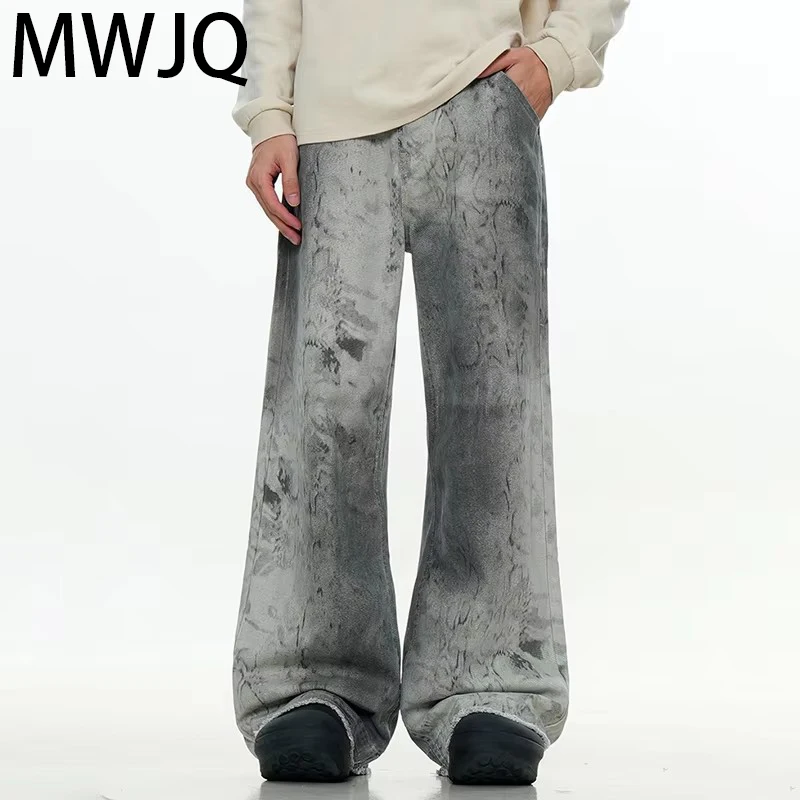 MWJQ Splash Ink snake Print Design Jeans Men's American High Street Loose Straight Leg Trousers Full Length Denim Pants 010019