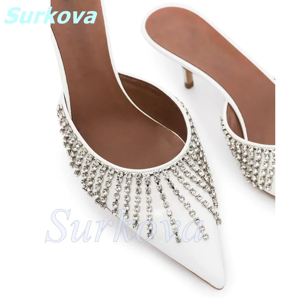 

Rhinestone Fringe Mules Pointy Toe Thin High Heel Stilettos Fashion Sexy Plus Size Summer Women Shoes Mordern Sandals Wedding