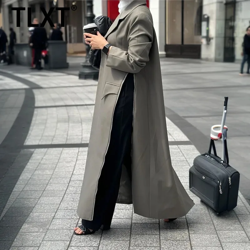 

TLXT Fashion Gray Trench Coat Women Single Breasted Zipper Pockets Slim Lightweight Spring Summer Jacket Outerwear Elegant