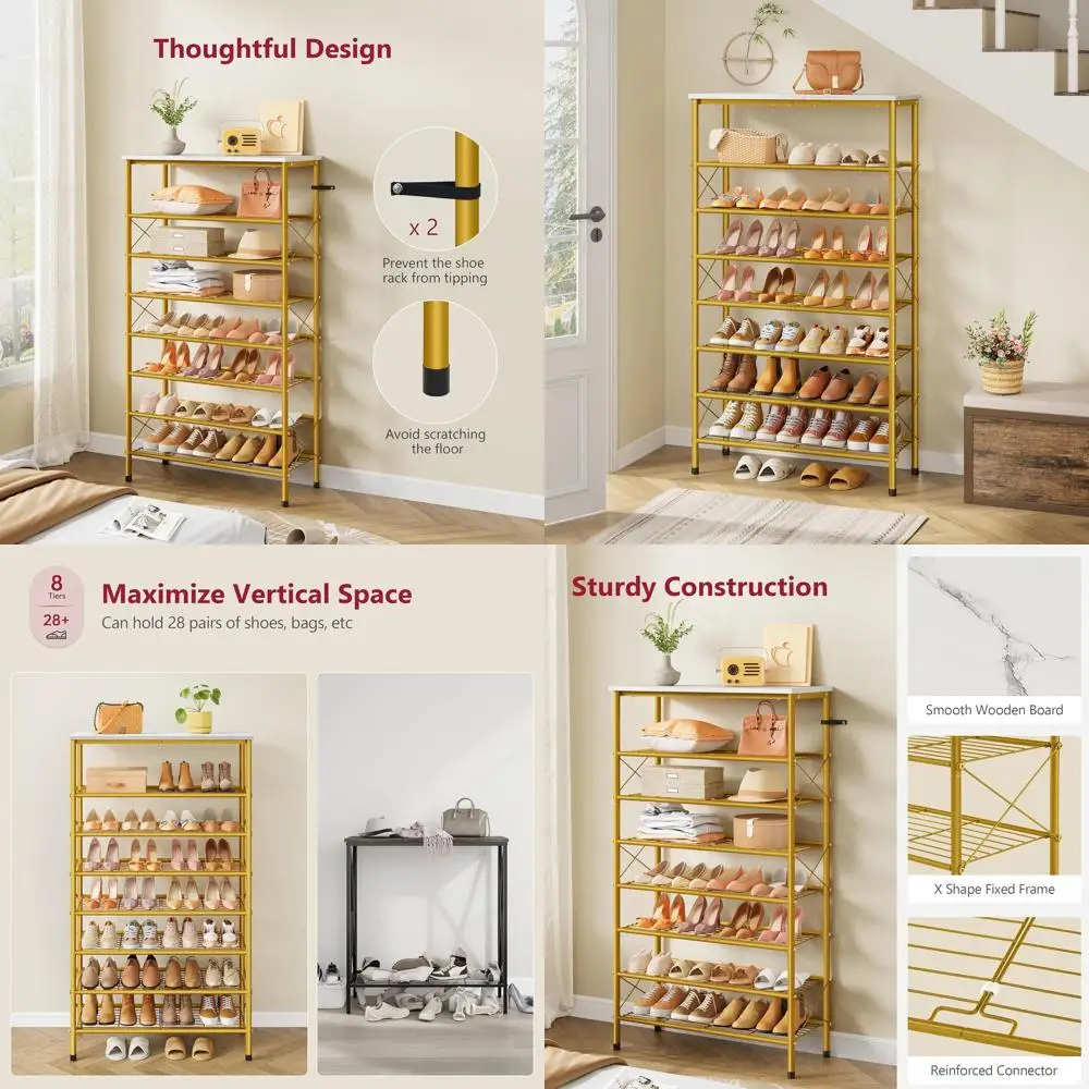 

8-Tier Metal Mesh Shoe Organizer, 28-32 Pair Capacity, Industrial Style, White & Gold, Entryway Shoe Storage