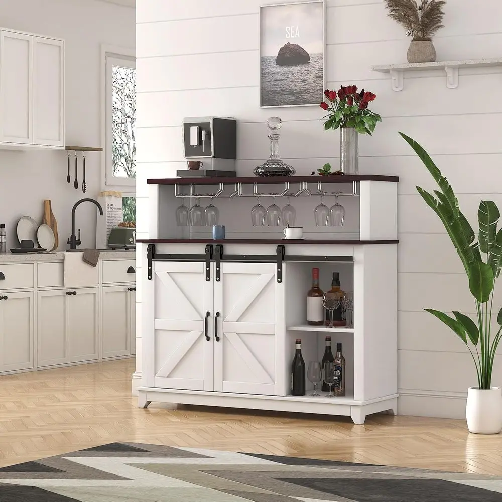 

47 Coffee & Wine Bar with Sliding Barn Door and Buffet Cabinet featuring Wine Bottle Storage